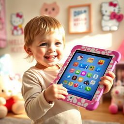 A cute scene featuring a child holding a vibrant Hello Kitty iPad, filled with fun and colorful apps visible on the screen