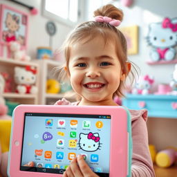 A cute scene featuring a child holding a vibrant Hello Kitty iPad, filled with fun and colorful apps visible on the screen