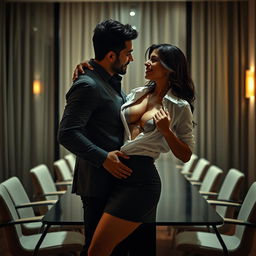 An artistic representation of a sensual scene in a modern meeting room featuring a woman resembling Kriti Sanon in a stylish short skirt