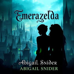 A captivating fantasy book cover titled 'Emerazelda' featuring the silhouette of two girls standing together against a majestic cityscape