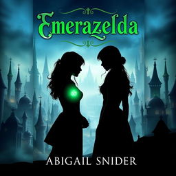 A captivating fantasy book cover titled 'Emerazelda' featuring the silhouette of two girls standing together against a majestic cityscape