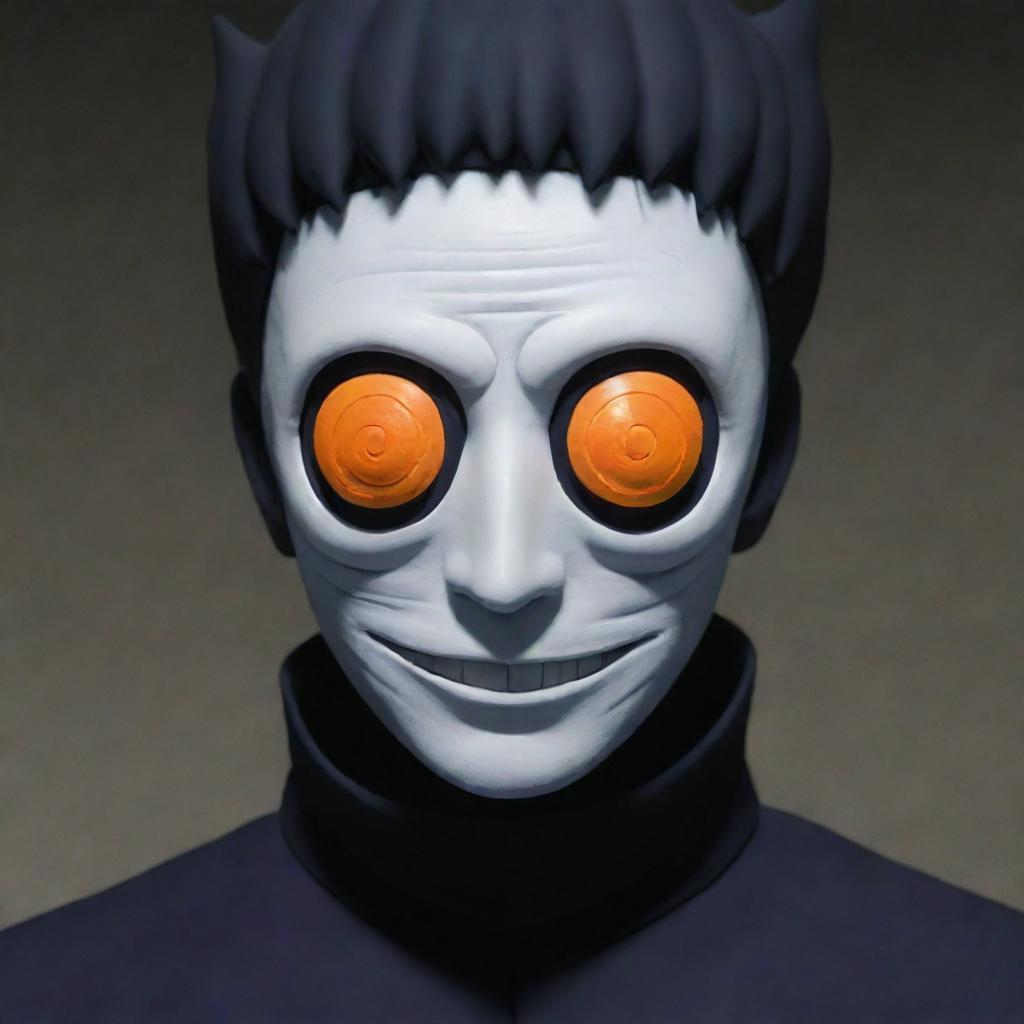 Modify previous scene: Obito, the orange, spiral-masked man, now has a distinct single eye on his spiral mask.