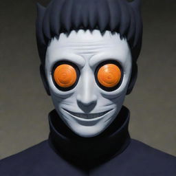 Modify previous scene: Obito, the orange, spiral-masked man, now has a distinct single eye on his spiral mask.