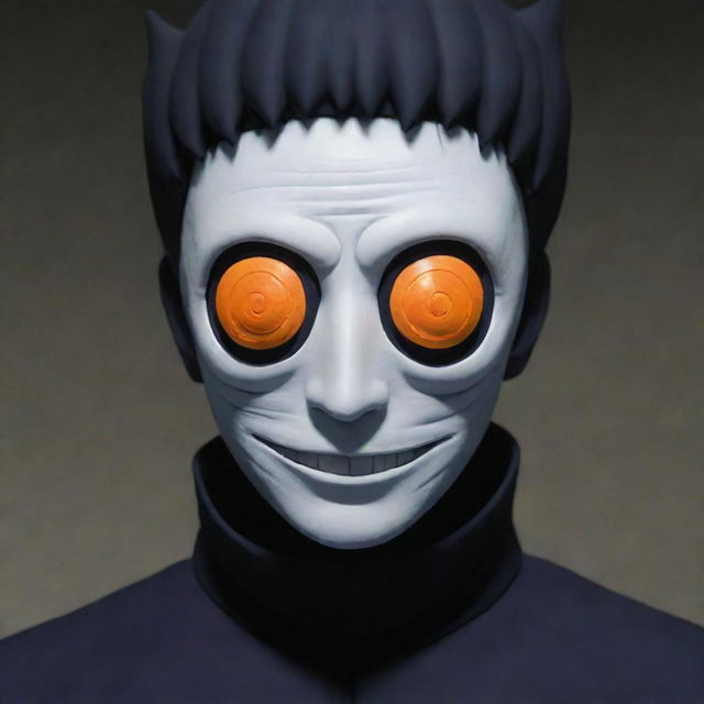 Modify previous scene: Obito, the orange, spiral-masked man, now has a distinct single eye on his spiral mask.