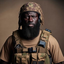 An African kidnapper commander, with a bearded visage, dressed in a bulletproof vest over semi-combatant attire, conveying a menacing demeanor.