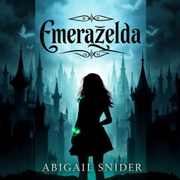 A captivating fantasy book cover titled 'Emerazelda' featuring the silhouette of two girls standing together against a majestic cityscape