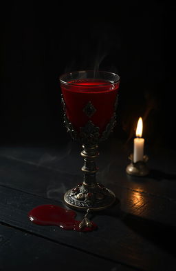 A dark, atmospheric scene featuring an ornate goblet filled with red liquid resembling blood