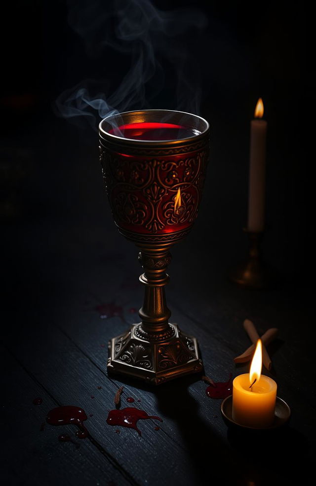 A dark, atmospheric scene featuring an ornate goblet filled with red liquid resembling blood