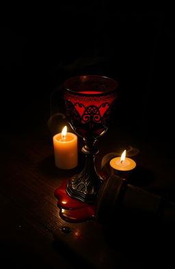 A dark, atmospheric scene featuring an ornate goblet filled with red liquid resembling blood