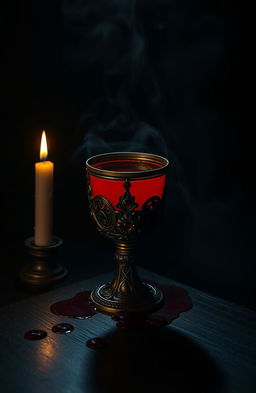 A dark, atmospheric scene featuring an ornate goblet filled with red liquid resembling blood