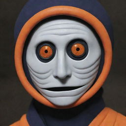 Modify previous scene: Obito, the orange, spiral-masked man, now has a distinct single eye on his spiral mask.