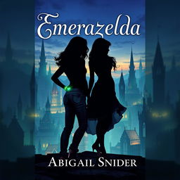 A stunning fantasy book cover titled 'Emerazelda' featuring the silhouette of two girls standing together in front of a magical cityscape