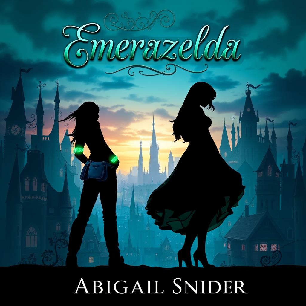 A stunning fantasy book cover titled 'Emerazelda' featuring the silhouette of two girls standing together in front of a magical cityscape