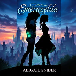 A stunning fantasy book cover titled 'Emerazelda' featuring the silhouette of two girls standing together in front of a magical cityscape