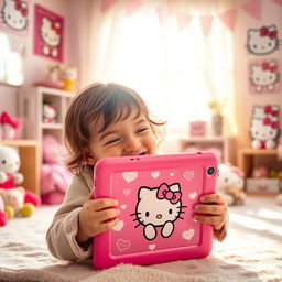 A heartwarming scene showing a child joyfully hugging their Hello Kitty iPad, with a big smile on their face