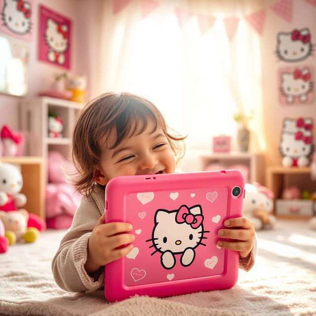 A heartwarming scene showing a child joyfully hugging their Hello Kitty iPad, with a big smile on their face