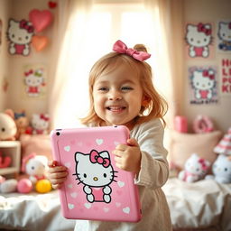 A heartwarming scene showing a child joyfully hugging their Hello Kitty iPad, with a big smile on their face