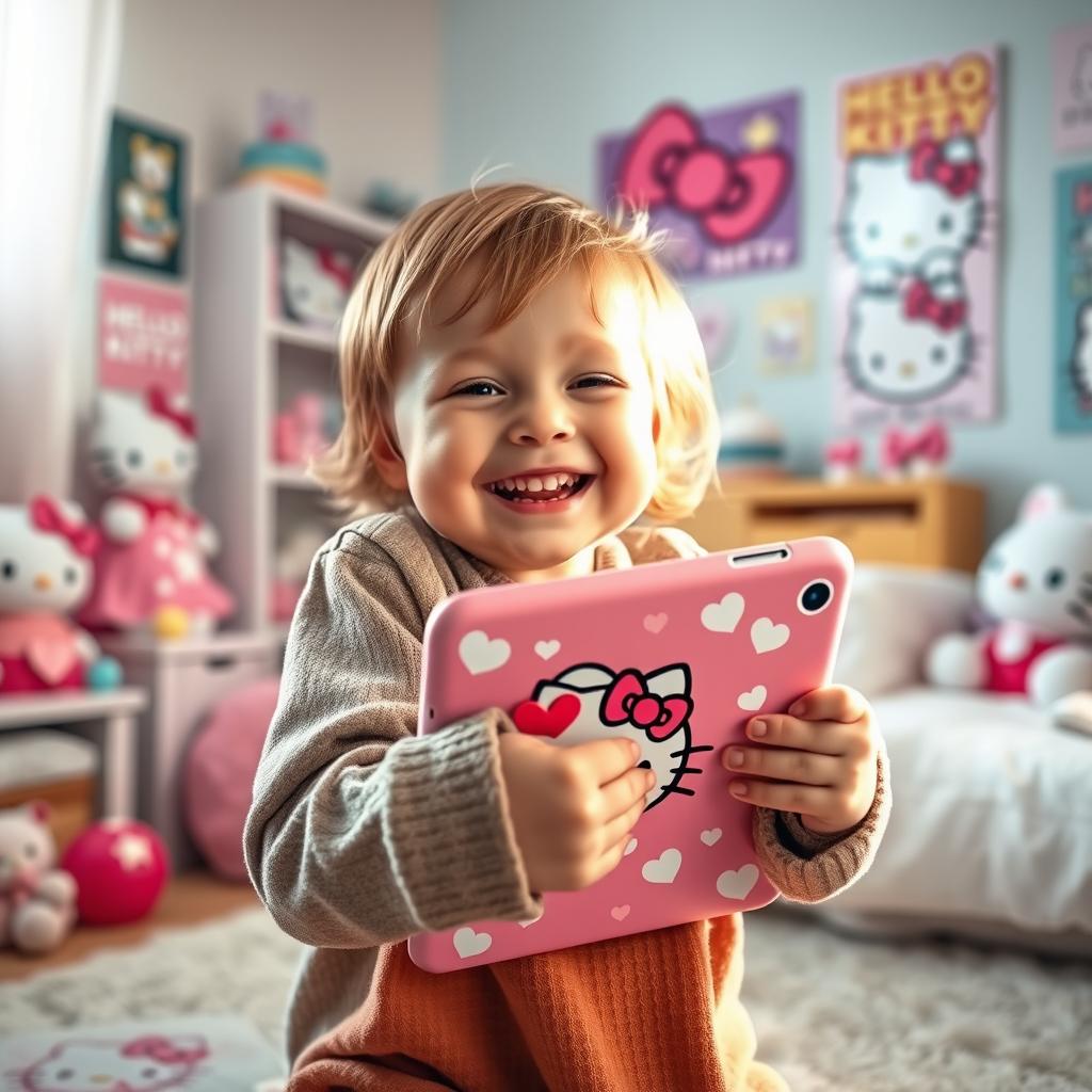 A heartwarming scene showing a child joyfully hugging their Hello Kitty iPad, with a big smile on their face