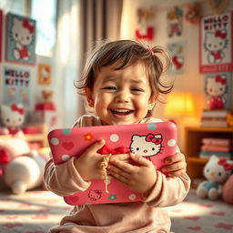 A heartwarming scene showing a child joyfully hugging their Hello Kitty iPad, with a big smile on their face