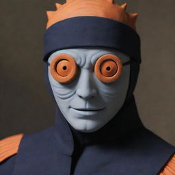 Modify previous scene: Obito, the orange, spiral-masked man, now has a distinct single eye on his spiral mask.