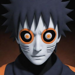 Modify previous scene: Obito, the orange, spiral-masked man, now has a distinct single eye on his spiral mask.