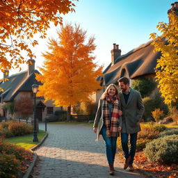 A picturesque autumn scene in a quaint English village, featuring vibrant orange and yellow leaves adorning beautiful old trees