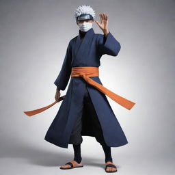 Generate an image of Obito, a character from the Naruto Shippuden anime, in his distinctive outfit and mask, in a dynamic and dramatic pose.