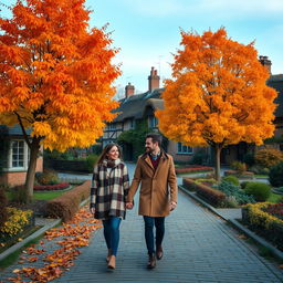 A picturesque autumn scene in a quaint English village, featuring vibrant orange and yellow leaves adorning beautiful old trees