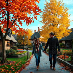 A picturesque autumn scene in a quaint English village, featuring vibrant orange and yellow leaves adorning beautiful old trees