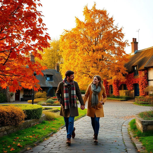 A picturesque autumn scene in a quaint English village, featuring vibrant orange and yellow leaves adorning beautiful old trees