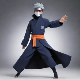 Generate an image of Obito, a character from the Naruto Shippuden anime, in his distinctive outfit and mask, in a dynamic and dramatic pose.