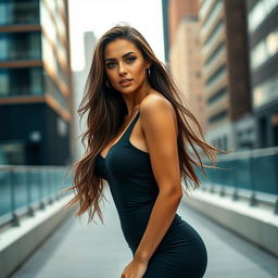 A confident and attractive woman in stylish, form-fitting attire, standing against an urban backdrop