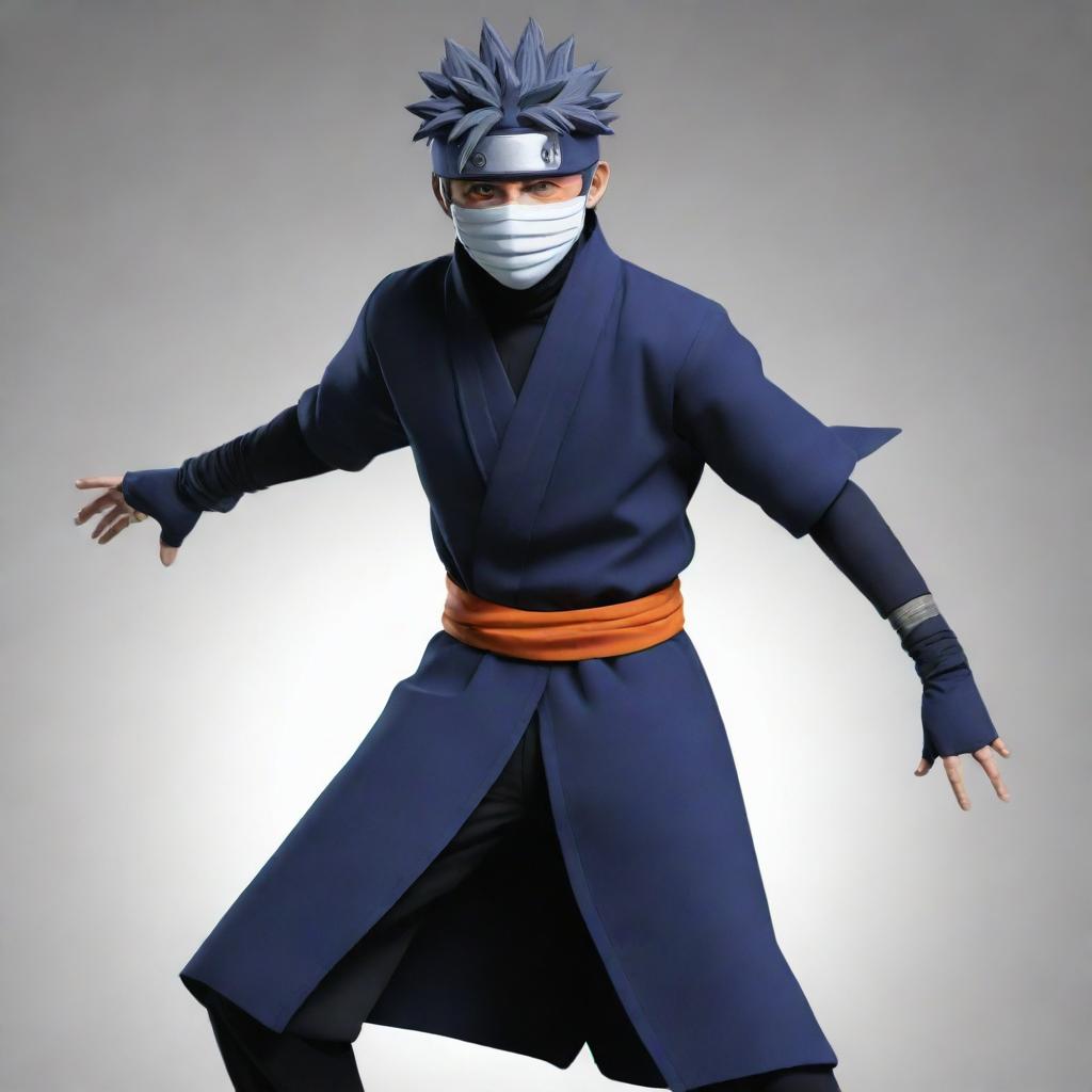 Generate an image of Obito, a character from the Naruto Shippuden anime, in his distinctive outfit and mask, in a dynamic and dramatic pose.