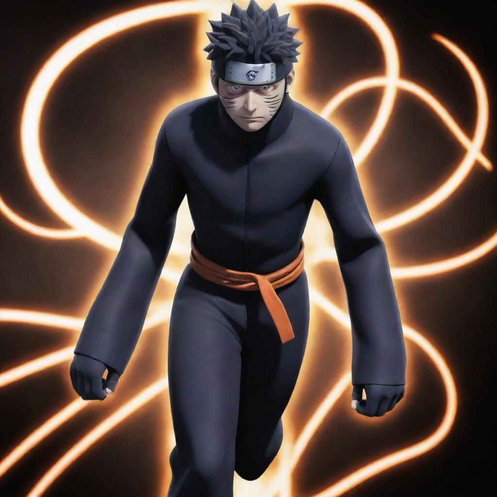 Create an image of Obito from Naruto Shippuden transitioning into another dimension, with his body distorting and the environment changing dramatically around him.