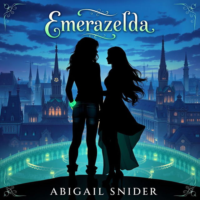 A captivating fantasy book cover titled 'Emerazelda' featuring the silhouette of two girls standing together in front of a stunning cityscape