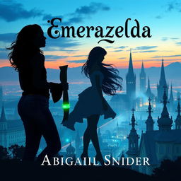 A captivating fantasy book cover titled 'Emerazelda' featuring the silhouette of two girls standing together in front of a stunning cityscape