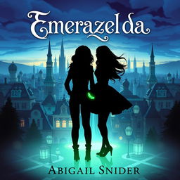 A captivating fantasy book cover titled 'Emerazelda' featuring the silhouette of two girls standing together in front of a stunning cityscape