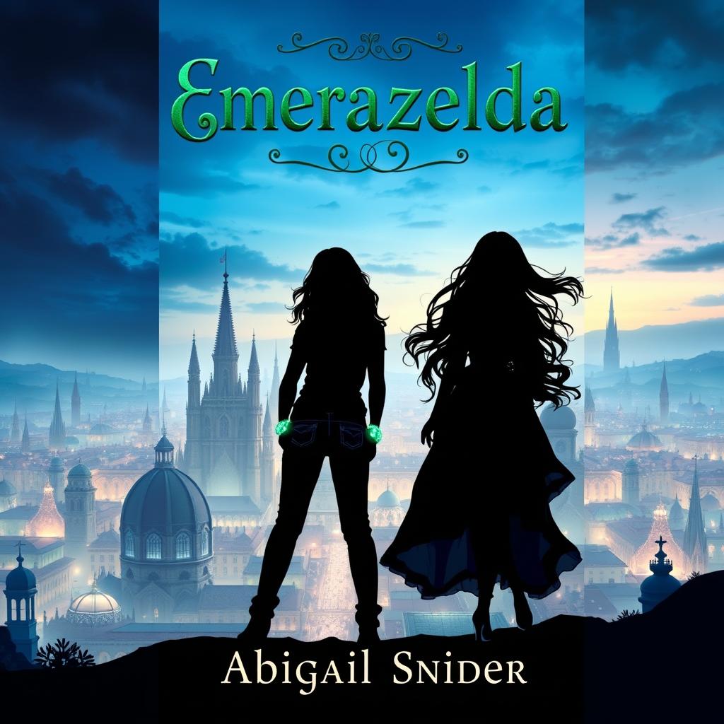 A captivating fantasy book cover titled 'Emerazelda' featuring the silhouette of two girls standing together in front of a stunning cityscape