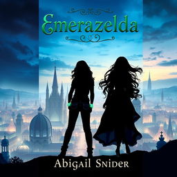 A captivating fantasy book cover titled 'Emerazelda' featuring the silhouette of two girls standing together in front of a stunning cityscape