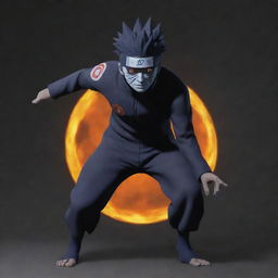 Create an image of Obito from Naruto Shippuden transitioning into another dimension, with his body distorting and the environment changing dramatically around him.