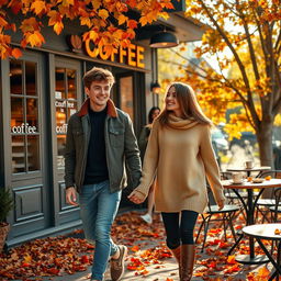 A heartwarming scene set outside a cozy coffee shop during autumn, showcasing two teenagers holding hands while walking away