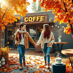 A heartwarming scene set outside a cozy coffee shop during autumn, showcasing two teenagers holding hands while walking away