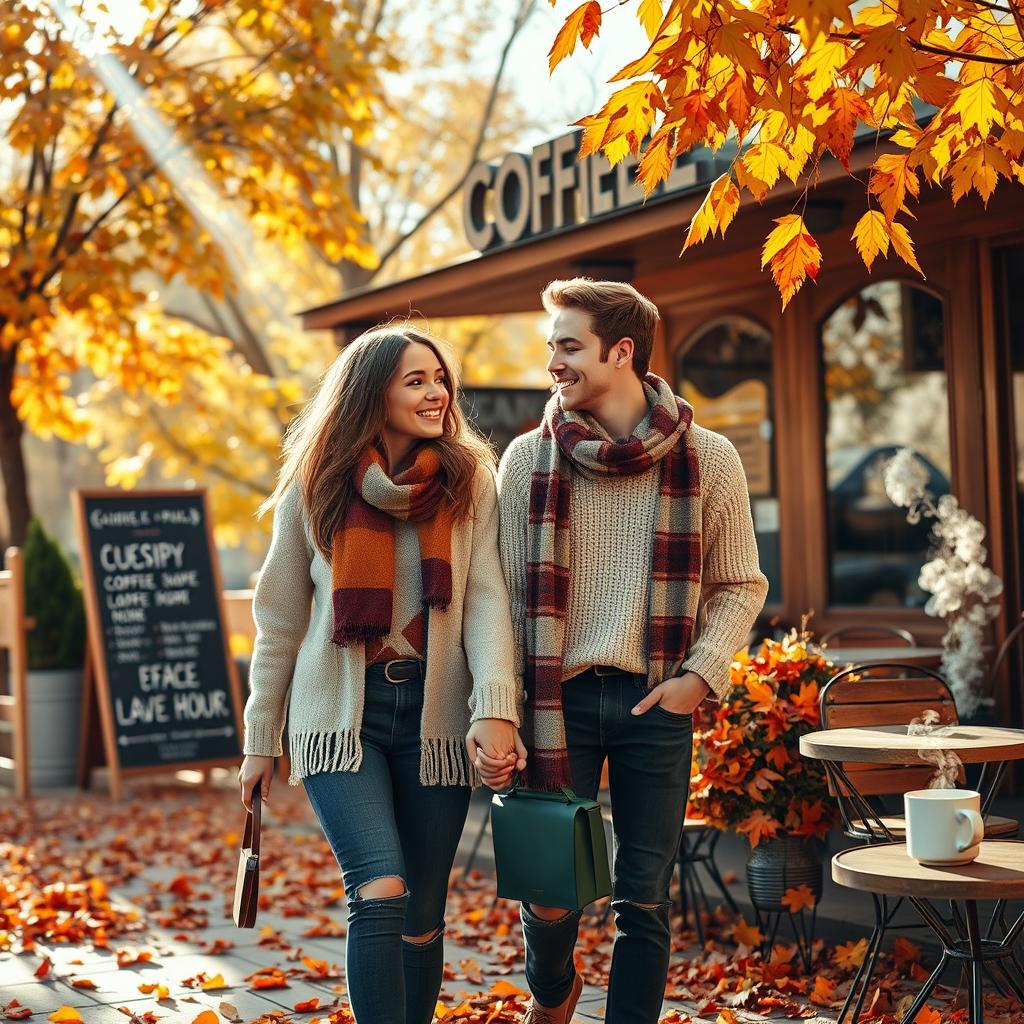 A heartwarming scene set outside a cozy coffee shop during autumn, showcasing two teenagers holding hands while walking away