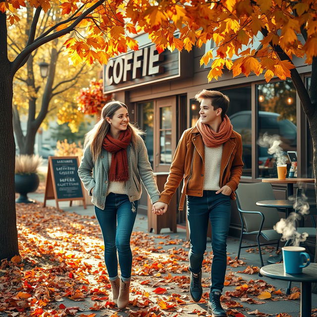 A heartwarming scene set outside a cozy coffee shop during autumn, showcasing two teenagers holding hands while walking away