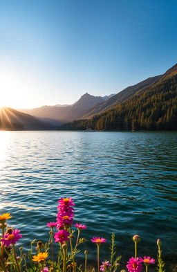 A serene and tranquil landscape featuring a crystal-clear lake surrounded by lush green forests and majestic mountains in the background