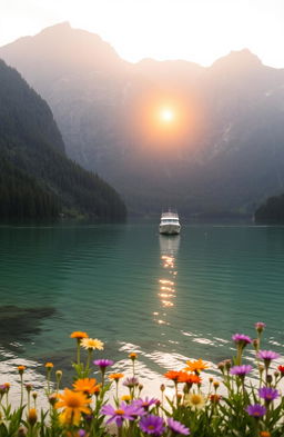 A serene and tranquil landscape featuring a crystal-clear lake surrounded by lush green forests and majestic mountains in the background