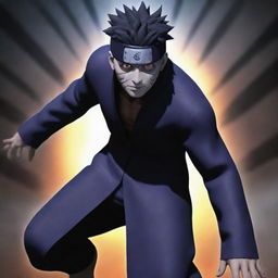 Create an image of Obito from Naruto Shippuden transitioning into another dimension, with his body distorting and the environment changing dramatically around him.