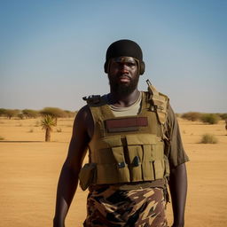 An African kidnapper commander, with a bearded visage, dressed in a bulletproof vest over semi-combatant attire, conveying a menacing demeanor.