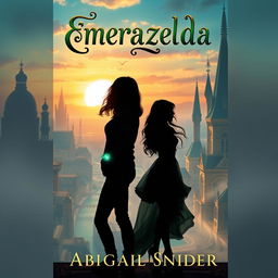 A mesmerizing fantasy book cover titled 'Emerazelda' featuring the silhouette of two girls standing side by side in front of a breathtaking cityscape