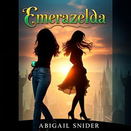 A mesmerizing fantasy book cover titled 'Emerazelda' featuring the silhouette of two girls standing side by side in front of a breathtaking cityscape